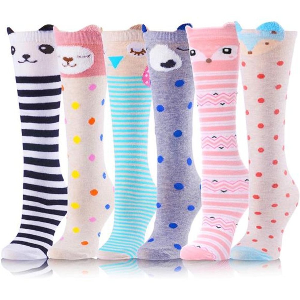 6 Pairs Kids Girls Knee High Socks Long Boot Fun Cute Tall Animal Socks